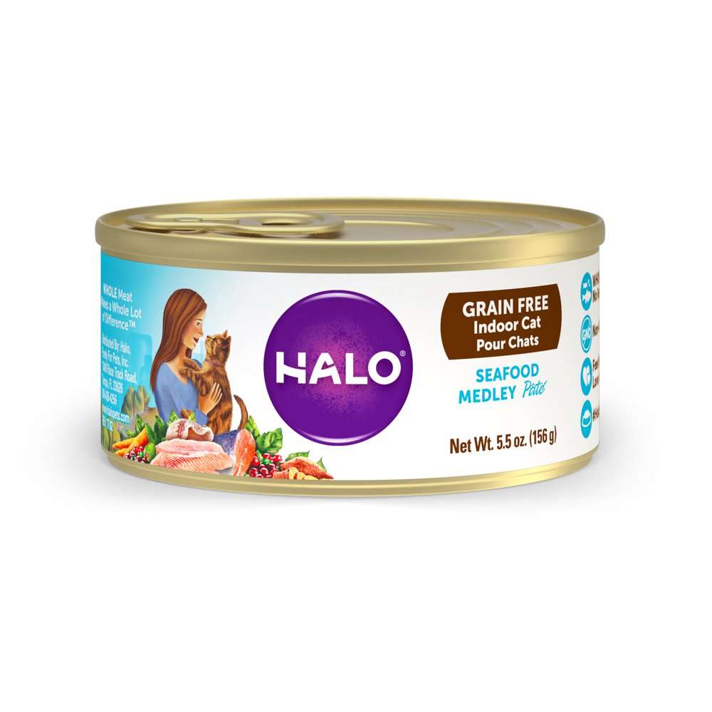 Halo Grain Free Natural Wet Cat Food, Indoor Seafood Medley Recipe, 5.5 ...