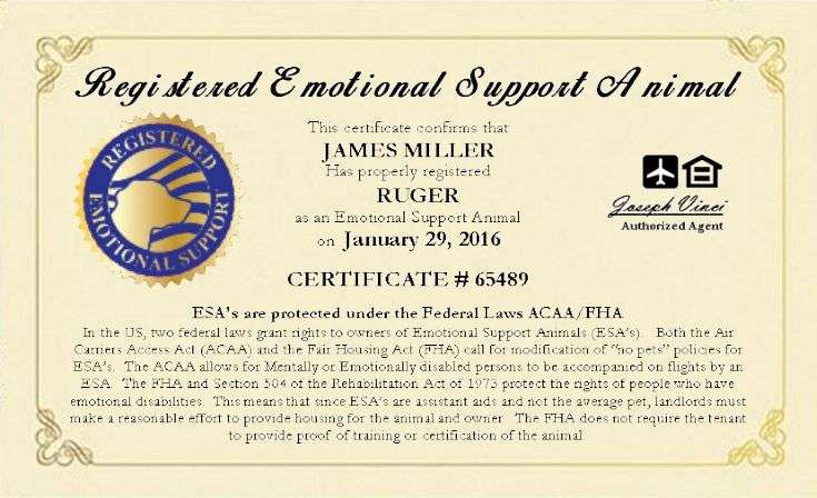 Registered Emotional Support Animal Certificate