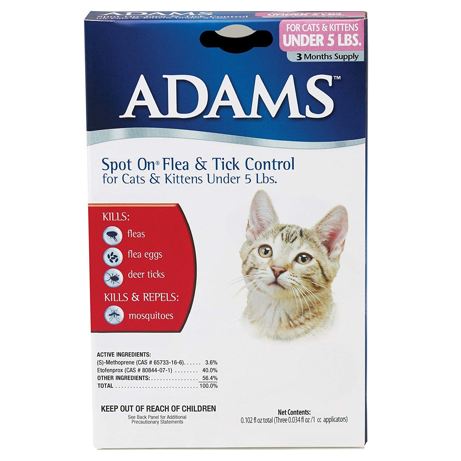 Adams Flea and Tick Spot On for Cats, Over 2.5 Pounds but under 5 ...